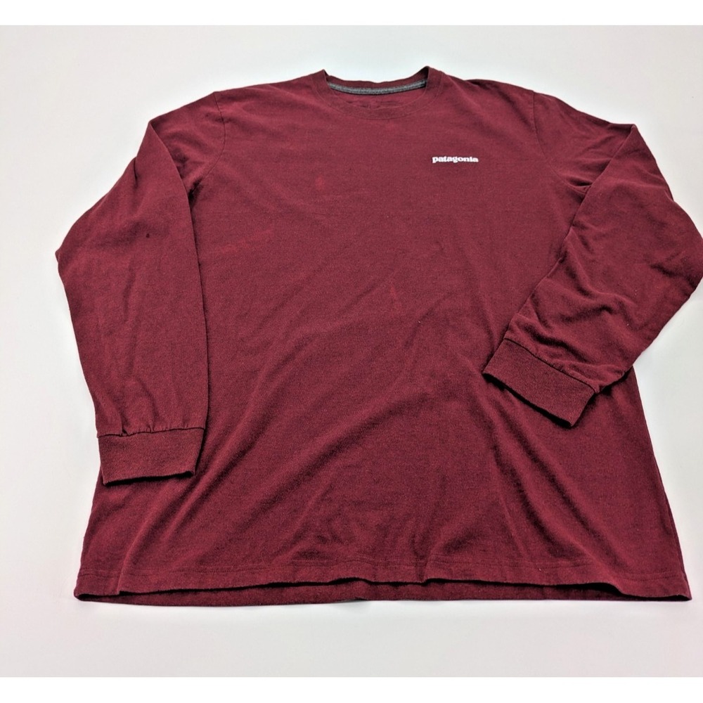 Patagonia Shirt Mens Large Red Long Sleeve Responsibili Tee Logo P-6 Hiking FLAW - Picture 2 of 11